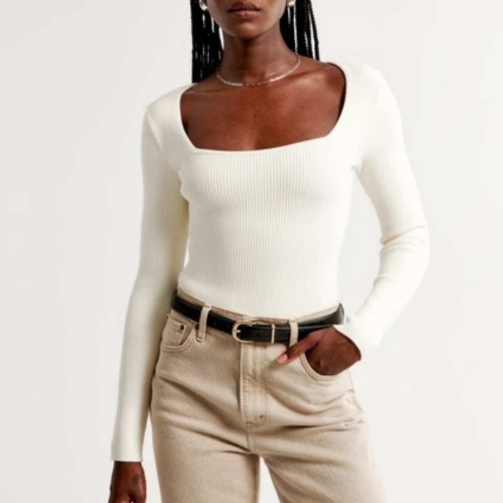 Abercrombie & Fitch white Ribbed knit Square Neck Bodysuit XL long sleeve casual